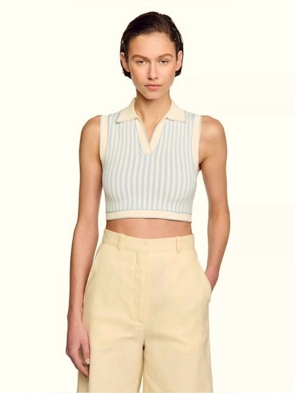Sandro Striped Sleeveless Polo Women’s Crop Top - Light Blue & Cream Size 2